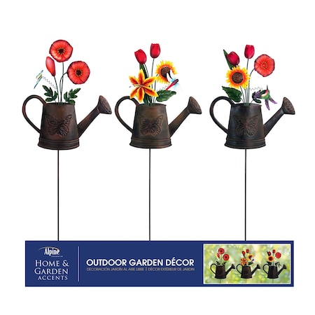 Multicolored Metal 36 In. H Watering Can With Flowers Outdoor Garden Stake